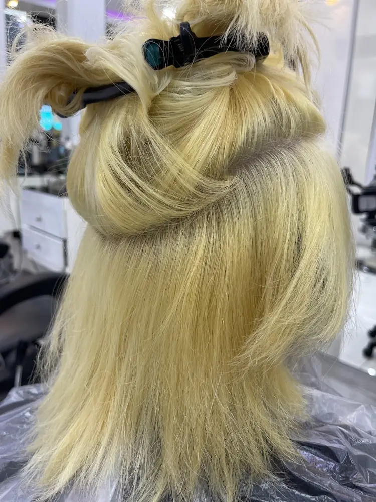 Blonde colour on long hair, tied up