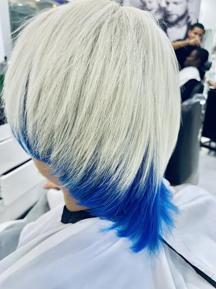 Silver colour with ice-blue tips, done at Groom Studio
